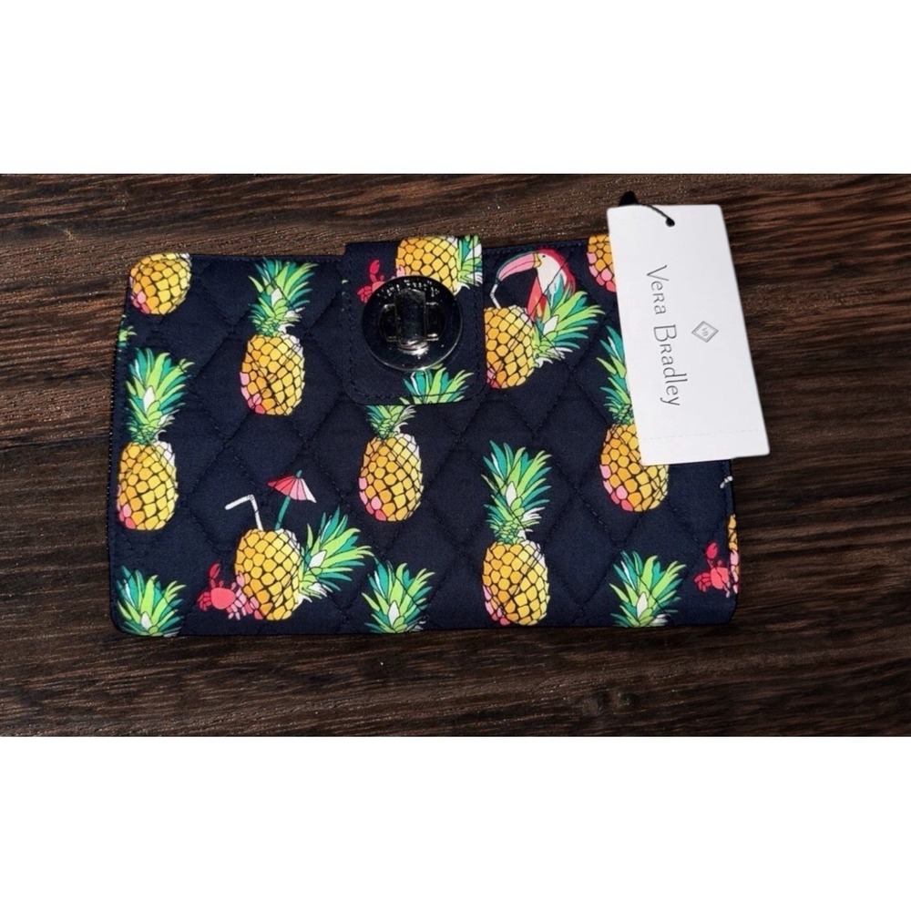 New Vera Bradley Navy Toucan‎ Party with Pineapples RFID Turnlock Wallet